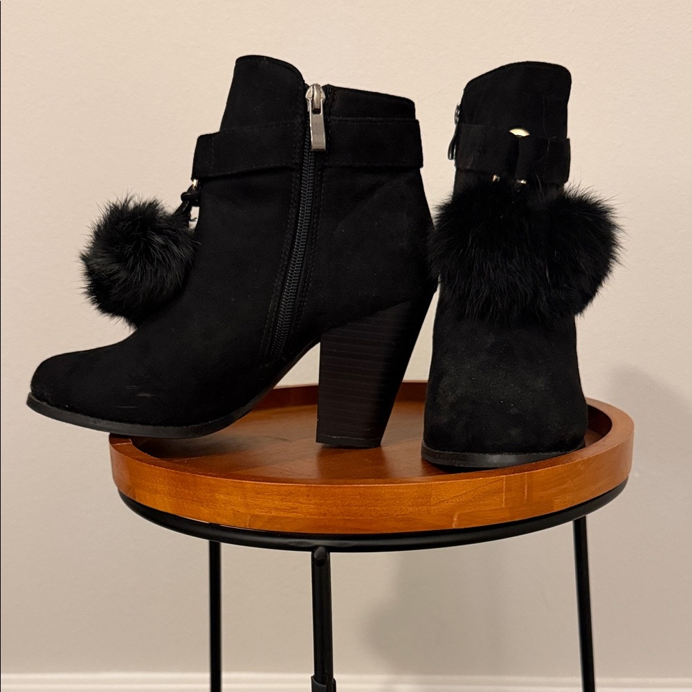 Elegant Black Ankle Boots with Pom Poms